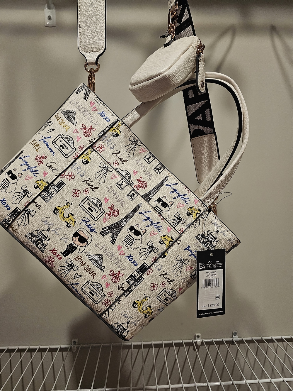 Karl Lagerfeld Cream Graphic Paris Tote with Removable Strap